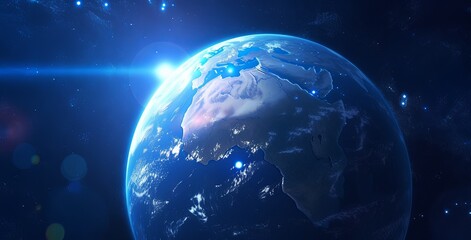 Fototapeta premium Epic Close-Up of Earth from Space with Sunlight Glowing on its Surface, Stars in the Background and Distant City Lights 