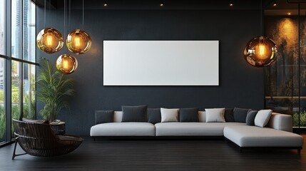 Modern living room with elegant furniture and decorative lighting in a stylish urban setting