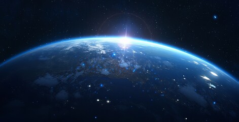Obraz premium Epic Close-Up of Earth from Space with Sunlight Glowing on its Surface, Stars in the Background and Distant City Lights 
