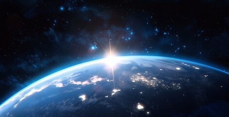 Obraz premium Epic Close-Up of Earth from Space with Sunlight Glowing on its Surface, Stars in the Background and Distant City Lights 