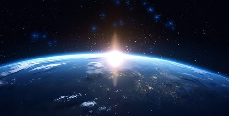 Obraz premium Epic Close-Up of Earth from Space with Sunlight Glowing on its Surface, Stars in the Background and Distant City Lights 