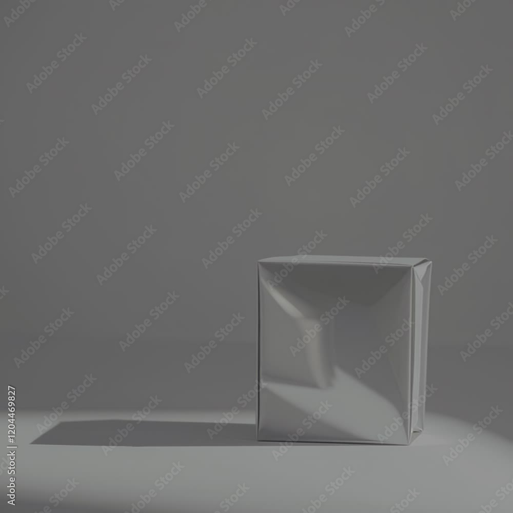 Poster minimalist composition of a metallic cube with soft light reflections and shadow on a neutral gray b