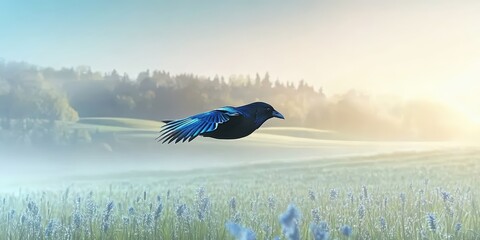 A black bird with blue wings flying over a misty meadow with blooming wildflowers at sunrise
