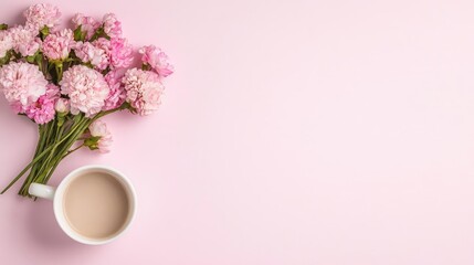 Fototapeta premium Pink flowers, coffee cup on pink background, flat lay, greeting card design