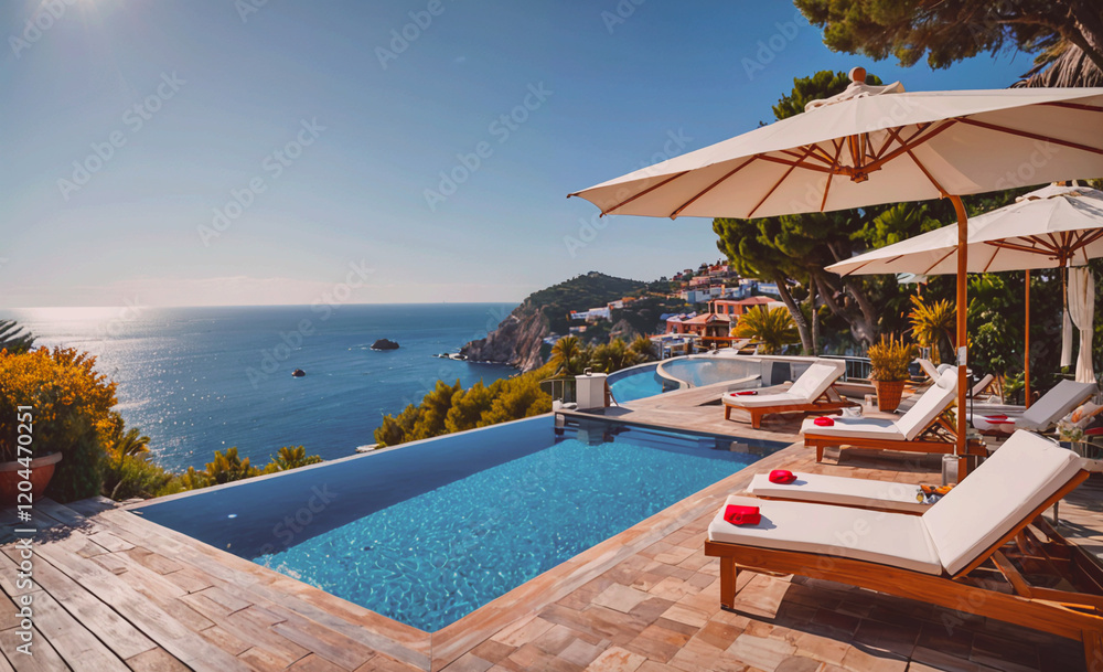 Aufkleber a pool with a white umbrella and a view of the ocean. the pool is surrounded by lounge chairs and um