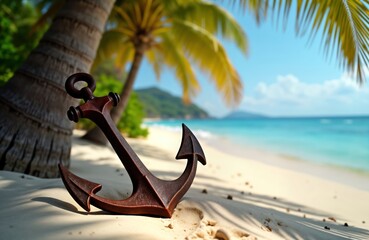 Old pirate ship anchor sits on tropical beach under palm tree. Tropical adventure concept. Hidden treasure or pirate life theme. Relaxing scene at secluded island. Sunny day on exotic beach.