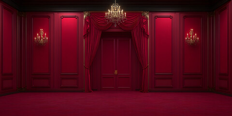 Elegant crimson room with ornate details, a large chandelier, and rich red velvet curtains framing a pair of doors.