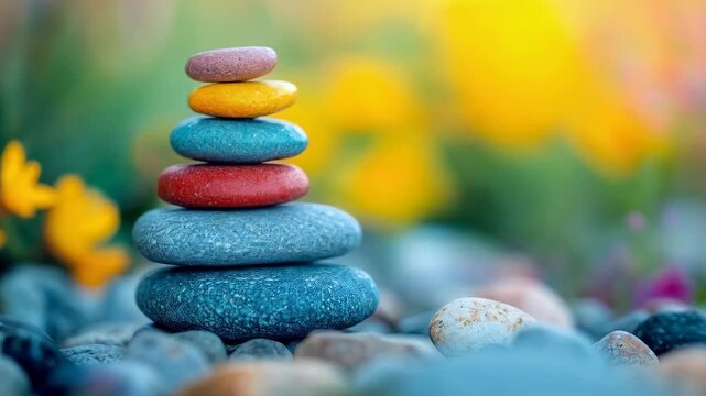 Colorful balance stones stacked in pyramid shape at beautiful natural location with blurred flowers background, zen spa composition with copy space. Concept of harmony, wellness and meditation