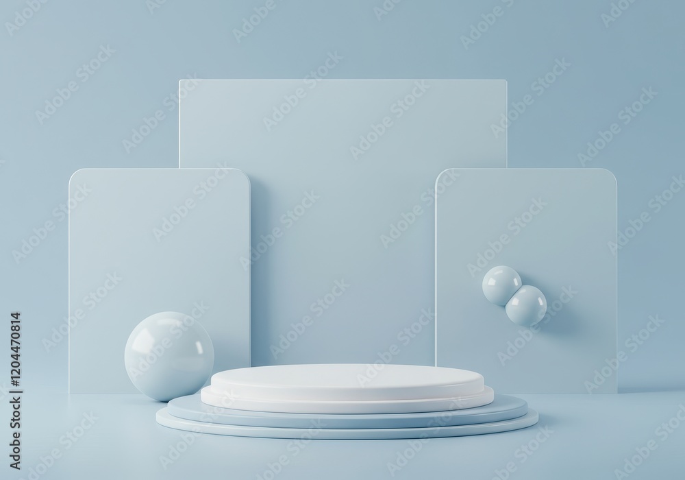 Poster a 3d minimalist design of a white circular podium surrounded by large rectangular panels in a gradie