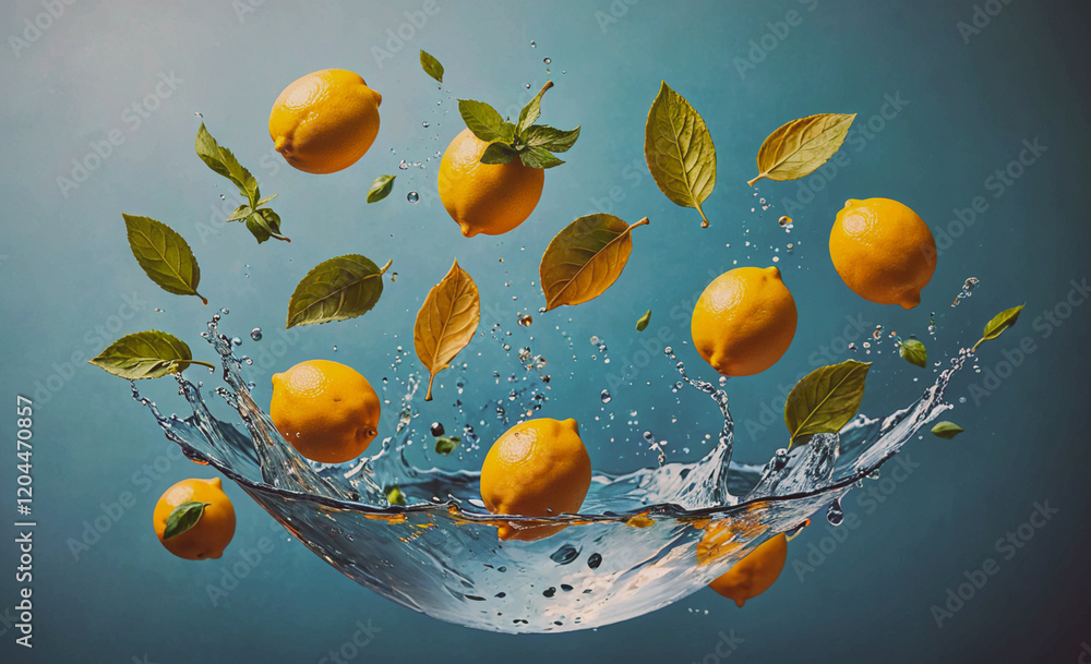 Poster a bowl of lemons and leaves is splashing in water. the image has a playful and lively mood
