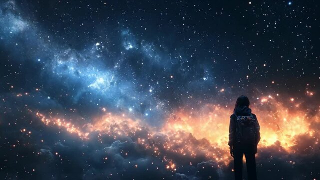 Young teenage woman watching starry night sky with nebula and milky way from back view, girl observing cosmic beauty and space clouds. Concept of dreams, wonder and universe exploration