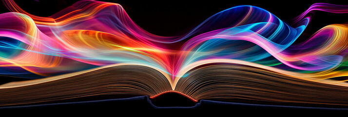 Vibrant swirls of color emanating from open book on black background