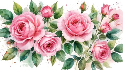 Beautiful watercolor roses arrangement with pink blooms and lush green leaves on white background