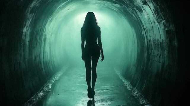 Silhouette of slim curvy young woman smoothly moving in slow motion towards mysterious dark tunnel with enigmatic turquoise light glow. Concept of mystery, journey and unknown future