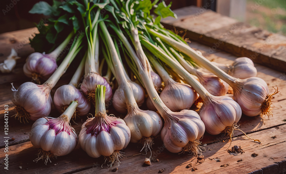 Poster A bunch of garlic bulbs are on a wooden table. The bulbs are all different sizes and are arranged in a way that they are all facing the same direction