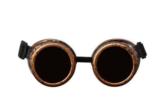 Steampunk goggles used as a fashion accessory for cosplay, or as part of themed costumes, design reminiscent of industrial worn, vintage look isolated cutout on transparent