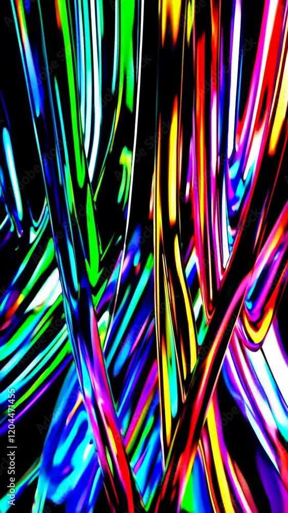 Poster vertical abstract composition of multicolored luminous streaks reflecting on a dark surface, creatin