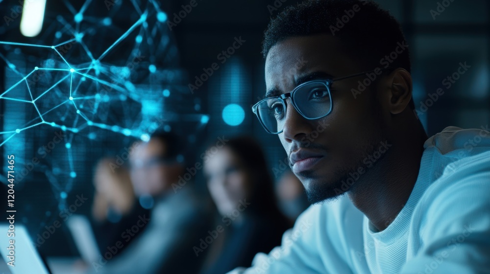 Poster a focused participant writing on a flip chart with a group in the background listening attentively s