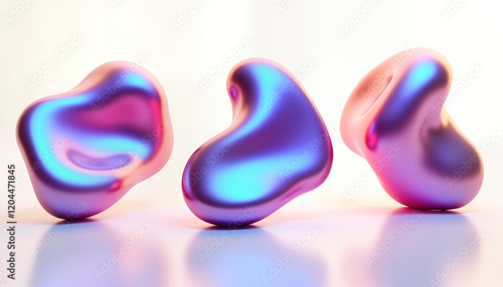Aufkleber Abstract 3D shapes with iridescent metallic colors. Fluid forms with vibrant neon gradients. Dynamic, flowing shapes. Isolated on white background. Modern, trendy design. Suitable for graphic design.