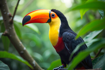 Fototapeta premium Toucan perched amidst lush rainforest greenery, showcasing vibrant wildlife beauty, tropical nature concept.