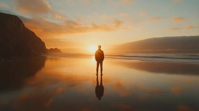 Silhouette of confident man standing full length near coastal waters and rocks, contemplating sunrise with gentle sunlit clouds reflecting in wet sand. Concept of new beginnings and inner strength