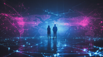 abstract professional business team people innovation connection of line from nail node to node on map background , networking concept