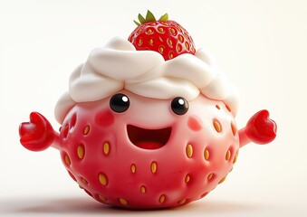 Cute strawberry character with whipped cream and smiling face in a playful setting