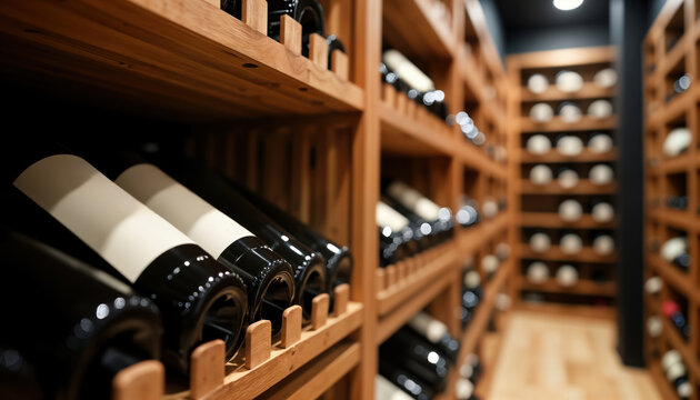 Wine bottles placed horizontally in modern wine cellar. Wooden shelves hold rows of bottles. Closeup view shows bottles, racks. Luxury storage space for preservation, ageing. Ambiance suggests