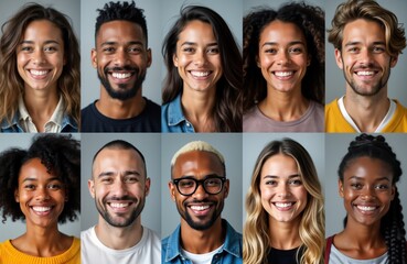 Diverse people display happiness. Collage portrait shows various individuals smiling. People different ages, ethnic backgrounds. Studio shot on light gray background. Modern approach to portraiture.