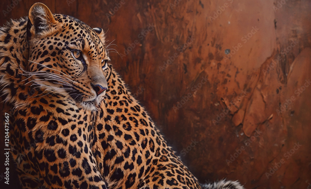 Aufkleber A leopard is sitting on a brown surface. The leopard is looking at the camera. The background is brown and the leopard is the main focus of the image