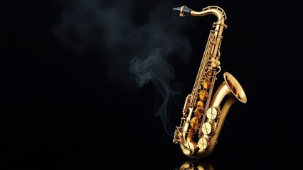 Fototapeta premium Golden shiny alto saxophone on black background with smoke. copy space 