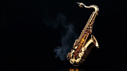 Golden shiny alto saxophone on black background with smoke. copy space	
