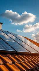 House with large roof with solar panels in urban landscape