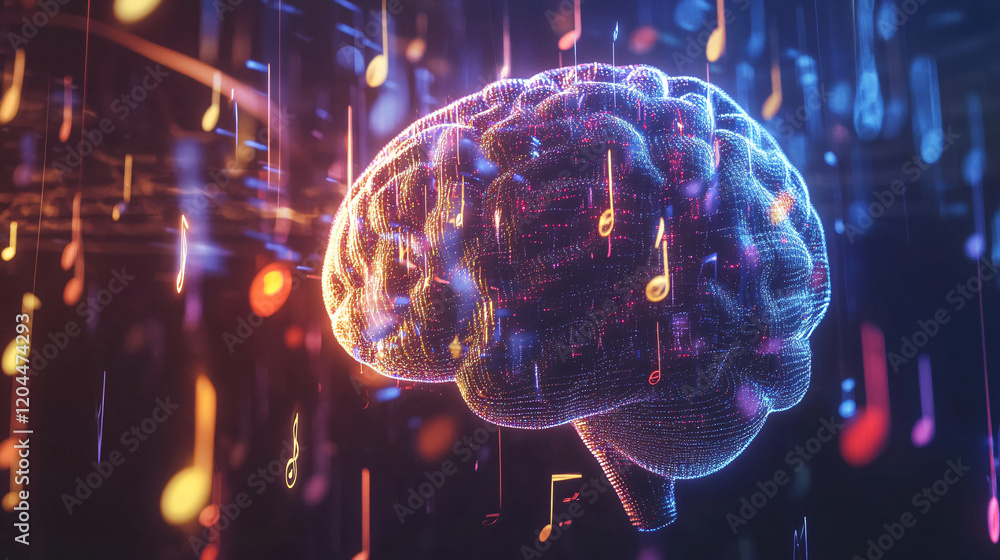 Poster digital brain emitting glowing musical notes surrounded by colorful light effects and a futuristic h