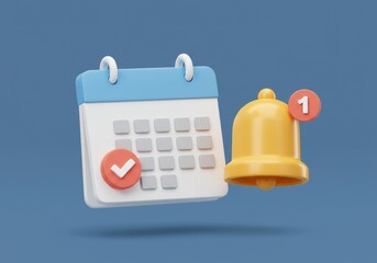 A 3D illustration of a calendar with a clock and a golden notification bell placed beside it