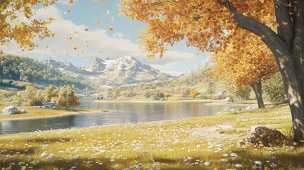 Autumnal lake scene with golden trees and snow capped mountains