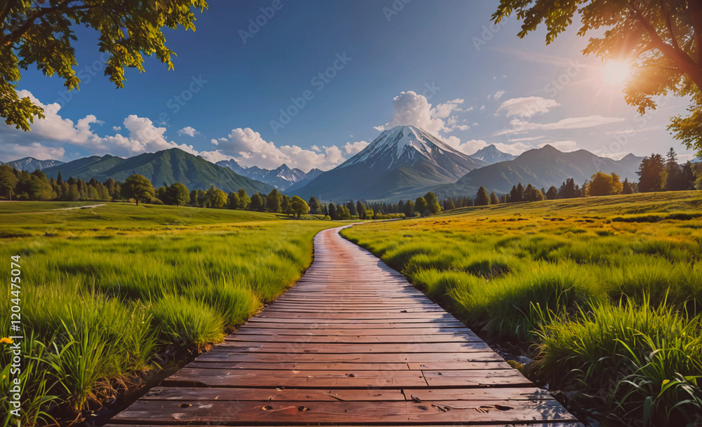 Aufkleber a long wooden bridge spans a grassy field with mountains in the background. the sun is shining brigh