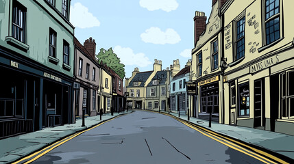 Obraz premium a road from left to right with buildings in the background a a pub at the end on the right cartoon style