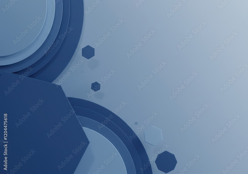 Aufkleber a 3d abstract composition of geometric shapes, including hexagons and layered curved surfaces in var