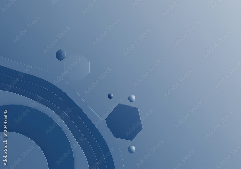 Poster a 3d abstract composition of geometric shapes, including hexagons and layered curved surfaces in var