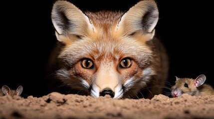 Fototapeta premium Red fox hunting mice at night, dark background, wildlife photography, nature poster