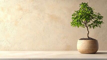 Bonsai tree on beige table against textured wall; zen interior design, peaceful atmosphere, website banner