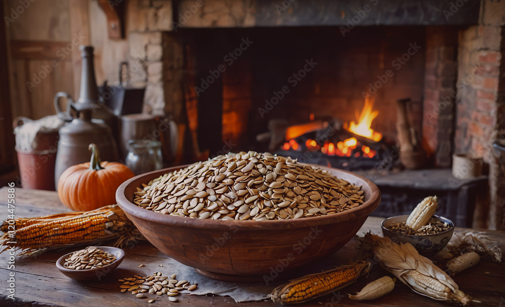Poster a bowl of nuts sits on a table next to a fireplace and a bowl of corn. the scene is cozy and invitin