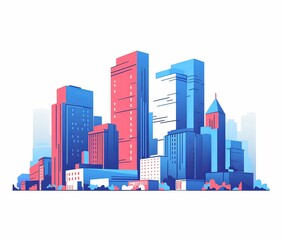 Simple City Buildings in Blue and Red Colors on White Background