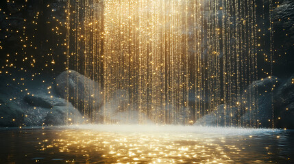 Enchanted waterfall cascading into a pool of shimmering, magical water. Shimmering Waterfall. Illustration