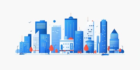Obraz premium Simple City Buildings in Blue and Red Colors on White Background