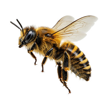 highly detailed image of bee in mid flight, macro, transparant background
