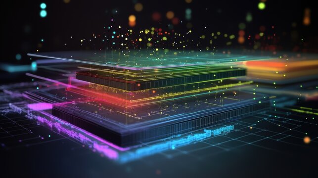 A detailed perspective of a layered security architecture diagram showcasing different protocols in the layers highlighted by digital overlays of security threats transforming into