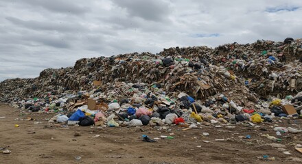 A polluted beach littered with plastic waste and other debris washed ashore, illustrating environmental issues.