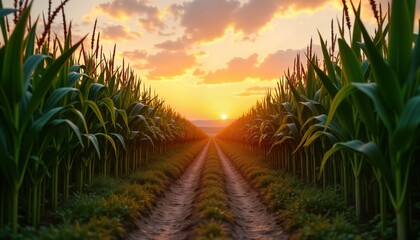 Obraz premium Rural countryside road runs through two golden hour corn fields. Sunset sky casts warm hues across vibrant green maize plants. Agricultural landscape at harvest season. Path leads through fields of